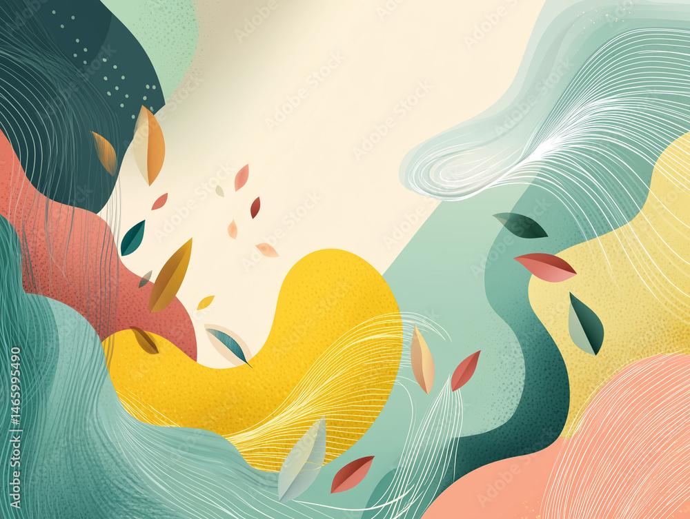 Poster colorful abstract design with flowing shapes and leaves, creating serene atmosphere. ideal for moder