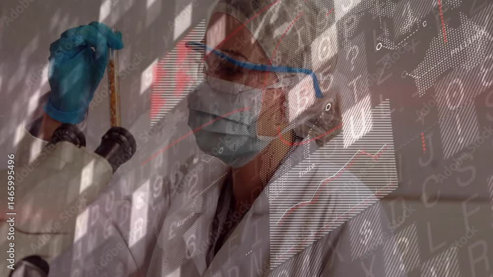 Poster female scientist examining test tube in lab, presenting digital graphs and molecular data