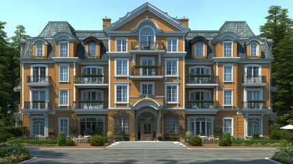Naklejka premium Elegant European apartment building facade with decorative featu