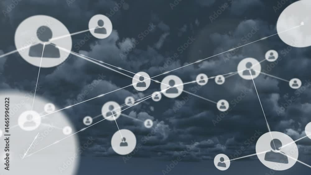 Poster interconnected user avatar icons floating across sky, forming network graph with thin white lines
