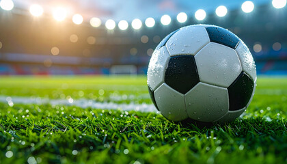 Black and white soccer ball on wet green grass, stadium blurred in background, FIFA club world cup