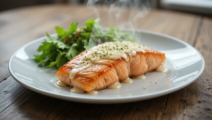 Deliciously cooked salmon on a plate, garnished with fresh greens, drizzled with creamy sauce, representing healthy and gourmet dining.