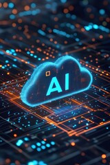 抽象的な青いクラウドとオレンジのデータポイントを持つ人工知能のコンセプト 未来的なテクノロジーの背景に浮かぶデジタルAIクラウドネットワーク