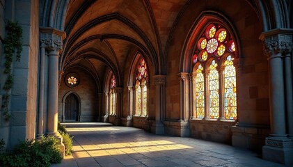 Obraz premium Ancient stone church with stained glass window, window, symbol, cathedral