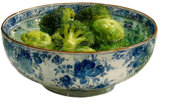 WaterSoaked Broccoli in Blue and White Bowl Still Life Painting Fresh Vegetables