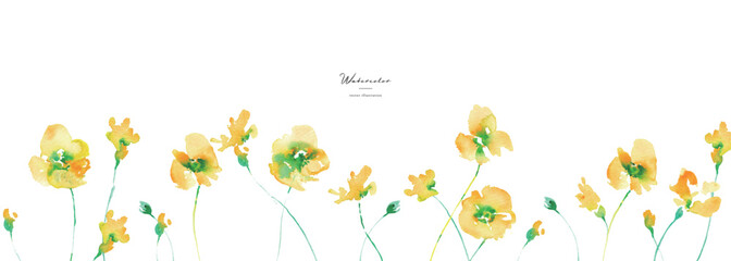 水彩画。水彩タッチの黄色い花ベクターイラスト。黄色い花のフレーム素材。春の花。Watercolor painting. Yellow flower vector illustration with watercolor touch. Yellow flower frame material. Spring flowers.