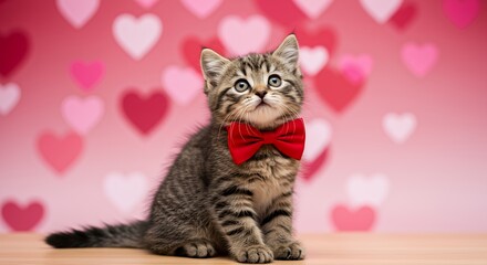 Adorable Tabby Kitten with Red Bow Tie Against Pink Hearts Background