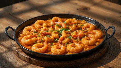 Indulge in a vibrant shrimp paella served in a traditional pan, highlighting fresh ingredients and a beautiful presentation for culinary enthusiasts.
