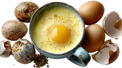Whisk Egg Yolk Shells Cup Breakfast Food Photography Studio Shot Top View Overhead Shot