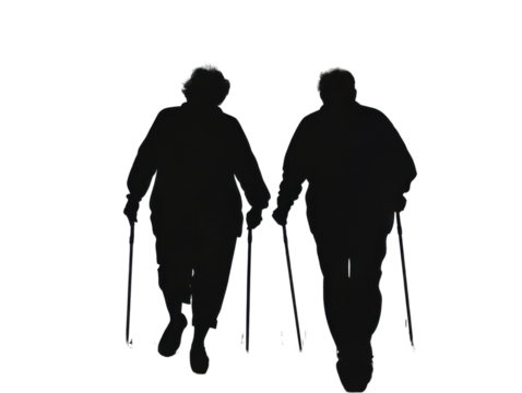 Silhouette of Two Elderly People Walking Side by Side Isolated on Transparent Background  Senior Couple in Motion for Health, Lifestyle, and Aging Concepts in PNG Format