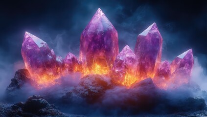Glowing Amethyst Crystals with Fantasy Landscape.