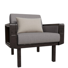 Stylish armchair with light beige pillow, dark wooden frame