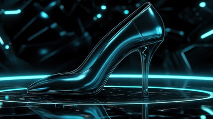Futuristic high heel shoe on a circular platform with neon lighting.