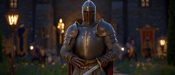 Fototapeta premium Medieval knight in full armor standing guard before a grand castle gates
