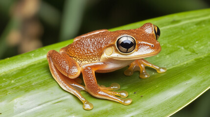 Tree frog resting on a vibrant leaf, bathed in soft sunlight - nature's delicate balance in a hidden world