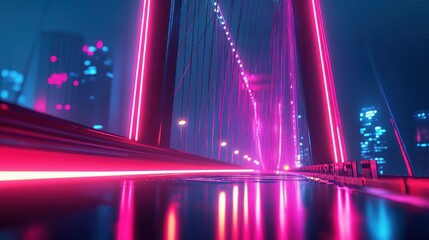 Futuristic neon bridge over city at night, vibrant pink and blue lights reflecting on wet road.