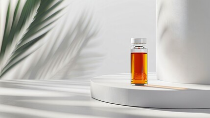 Sleek glass bottle with golden liquid on white surface, symbolizing weight loss medication, health supplement,detox drink,cosmetic,perfume concept. Minimalist and modern design for wellness product