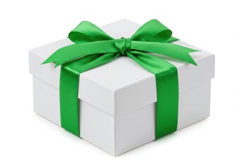 A white gift box with a green ribbon and bow on a white background