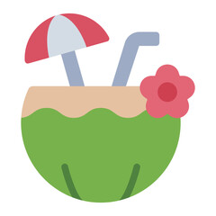 coconut drink flat icon with straw umbrella