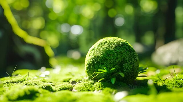 森の中に置かれた苔むした丸い球の風景