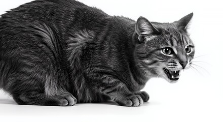 Aggressive Gray Tabby Cat Hissing on White Background