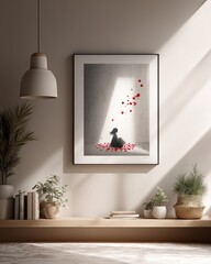 A framed minimalist artwork depicting a thoughtful figure and red petals, illuminated by sunlight, hangs above a serene, plant-decorated shelf in a modern room.