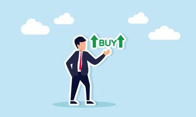 Businessman Showing BUY Text with Upward Green Arrow Illustration of Purchasing Power Increase