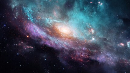 Fototapeta premium Majestic Spiral Galaxy Surrounded by Colorful Nebulae and Stars in a Vast Cosmic Landscape Shimmering in Deep Space