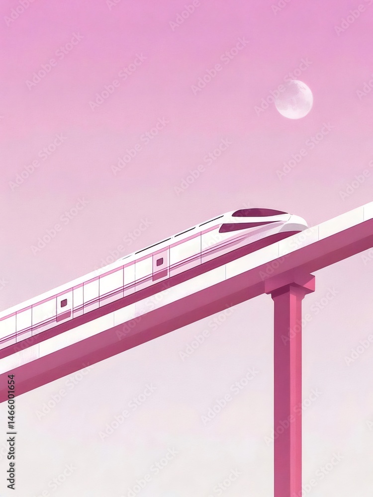 Poster ピンクの空と月に架かる高架鉄道を走る未来的な新幹線 イラスト風アートワーク