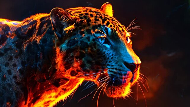 Close-Up Leopard Face in Dramatic Neon Colors

