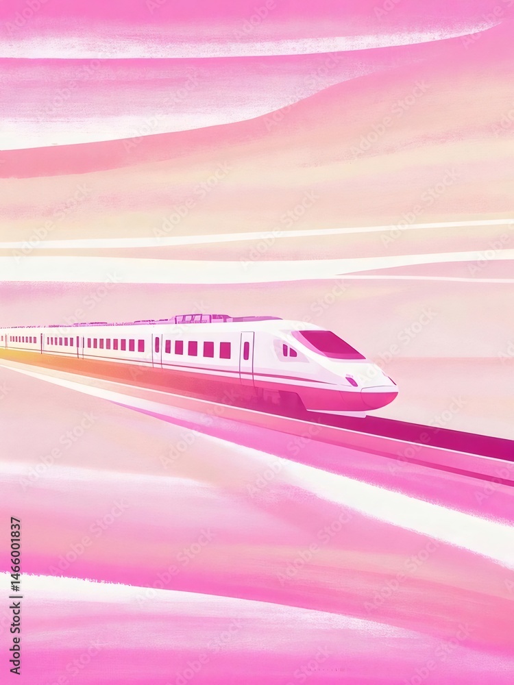Aufkleber ピンクの空の下を走る高速列車 現代的な車両が描かれた鉄道輸送のイラスト