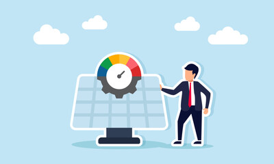 Businessman Standing Beside Solar Panel with Indicator Illustration of Renewable Power Plant Performance Indicator