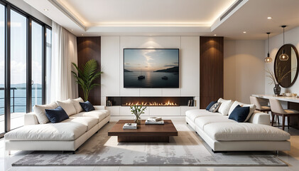hyper realistic modern luxury living room interior design with Sofas a generative al. 