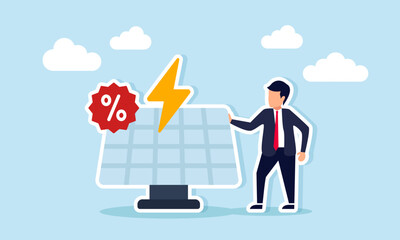 Businessman Standing Beside Solar Panel with Electricity and Percent Icons Illustration of Promotional Strategy for Renewable Energy Equipment Business