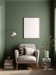 Cozy reading nook with a modern armchair, green walls, stacks of books, a floor lamp, and a blank framed picture.