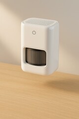 Compact air purifier in glossy white finish with a visible cylindrical filter and a power button, placed on a wooden surface, soft natural lighting.







