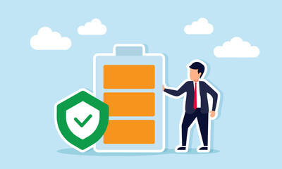 Businessman Standing Beside Battery and Shield with Checkmark Illustration of Reliable Energy Storage System