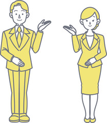 スーツ姿の男女が案内するイラスト