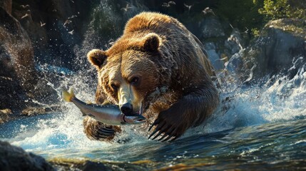 Grizzly bear captures salmon in swift stream.  Powerful creature, full of life,  in a natural habitat. Water splashes