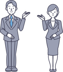 スーツ姿の男女が案内するイラスト
