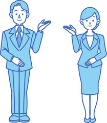 スーツ姿の男女が案内するイラスト
