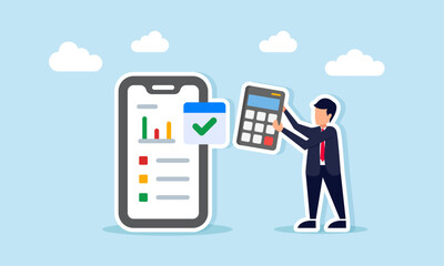 Businessman holding a calculator beside smartphone displaying data graph illustration of calculating business performance report