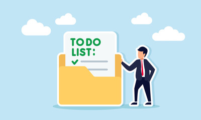 Businessman standing next to to do list folder illustration of business performance archive