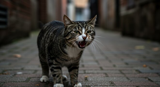 Angry Tabby Cat Hissing in a Brick Alleyway