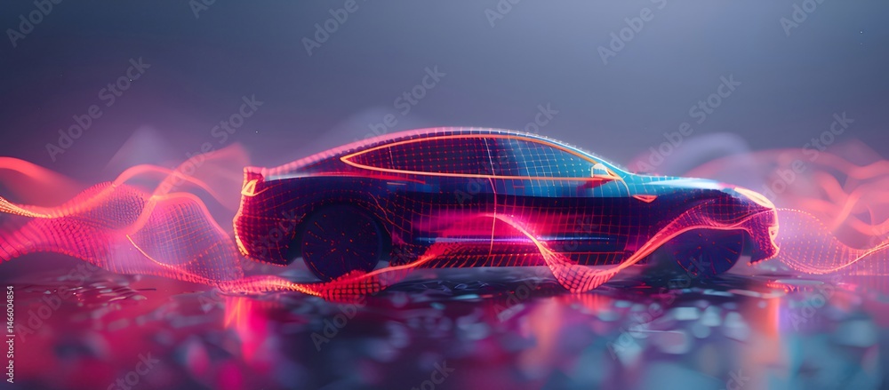 Aufkleber 抽象的な背景に浮かぶ未来的な電気自動車のデザイン ビビッドなピンクのライトがアクセントの暗い表面