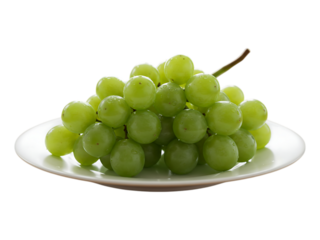 Bunch of fresh green grapes on a white plate, isolated transparent background