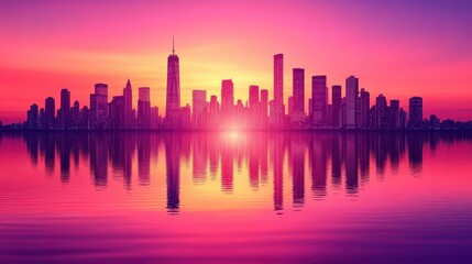 Fototapeta premium Vibrant cityscape at sunset reflecting in water creating a beaut