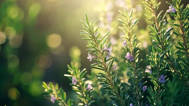 rosemary tree with purple flower in sunlight glow, herb, organic, home garden theme 