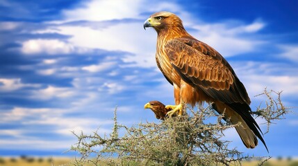 Majestic eagle perched atop a thorny bush against a dramatic sky.  A smaller eagle sits beside it.  Vast, dramatic clouds fill the background