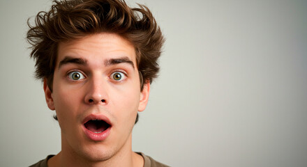 A young man with brown hair and wide eyes looking very surprised with an open mouth on a light-gray background in a studio shot.